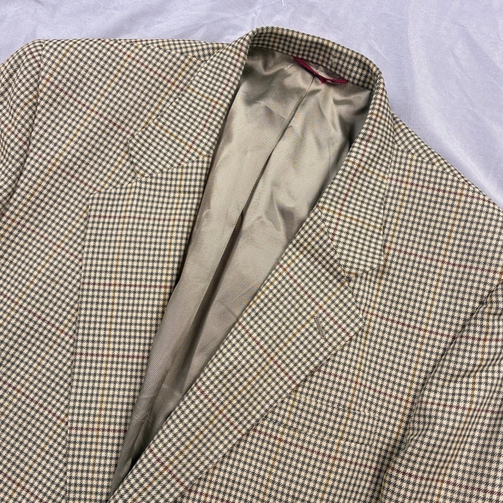 VTG Houndstooth Sport Coat Wool Silk Blend 44L Brown Flannel USA Jos. A. Bank